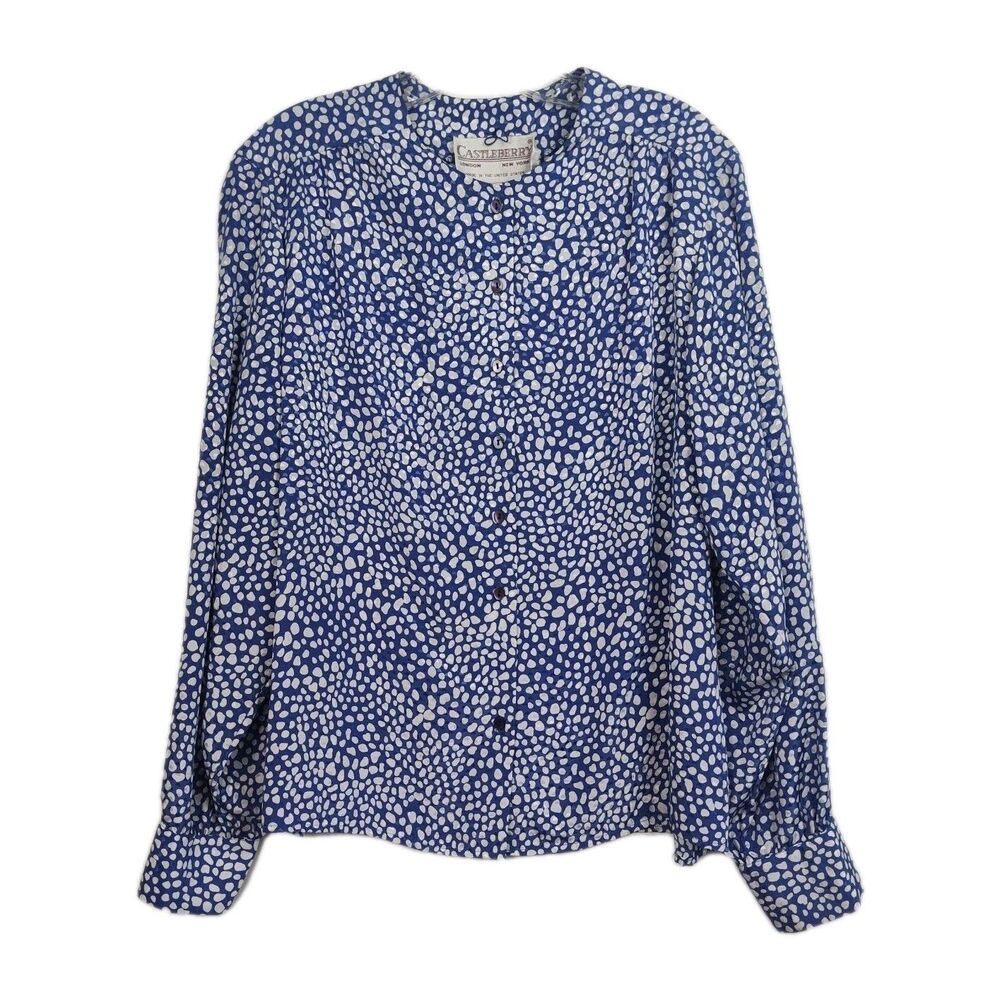 Vintage Castleberry Button-Up Women's Blouse, Sz‎ 14, Blue White Spots, Belt/Tie